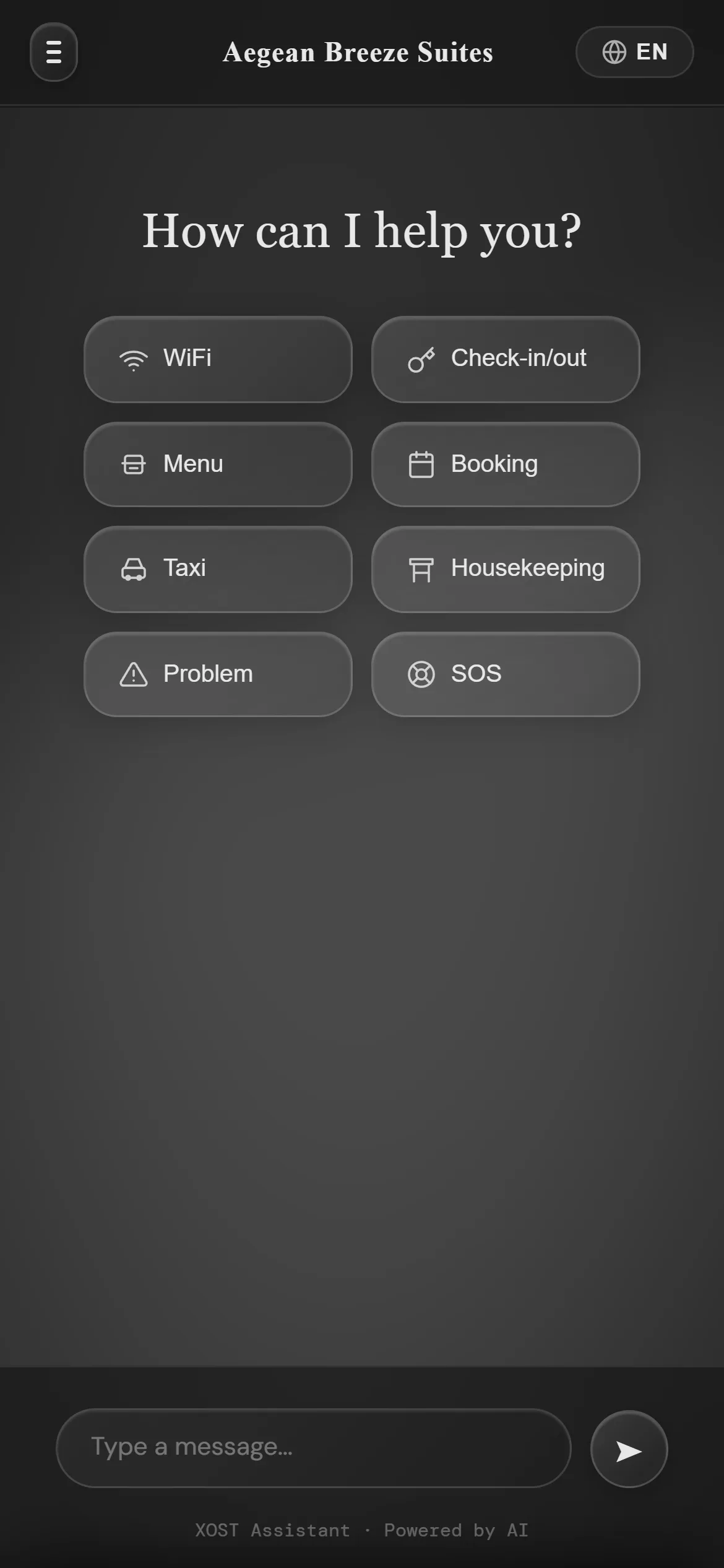 SPARK guest assistant on a phone: Wi-Fi, check-in, menu, booking, taxi and housekeeping